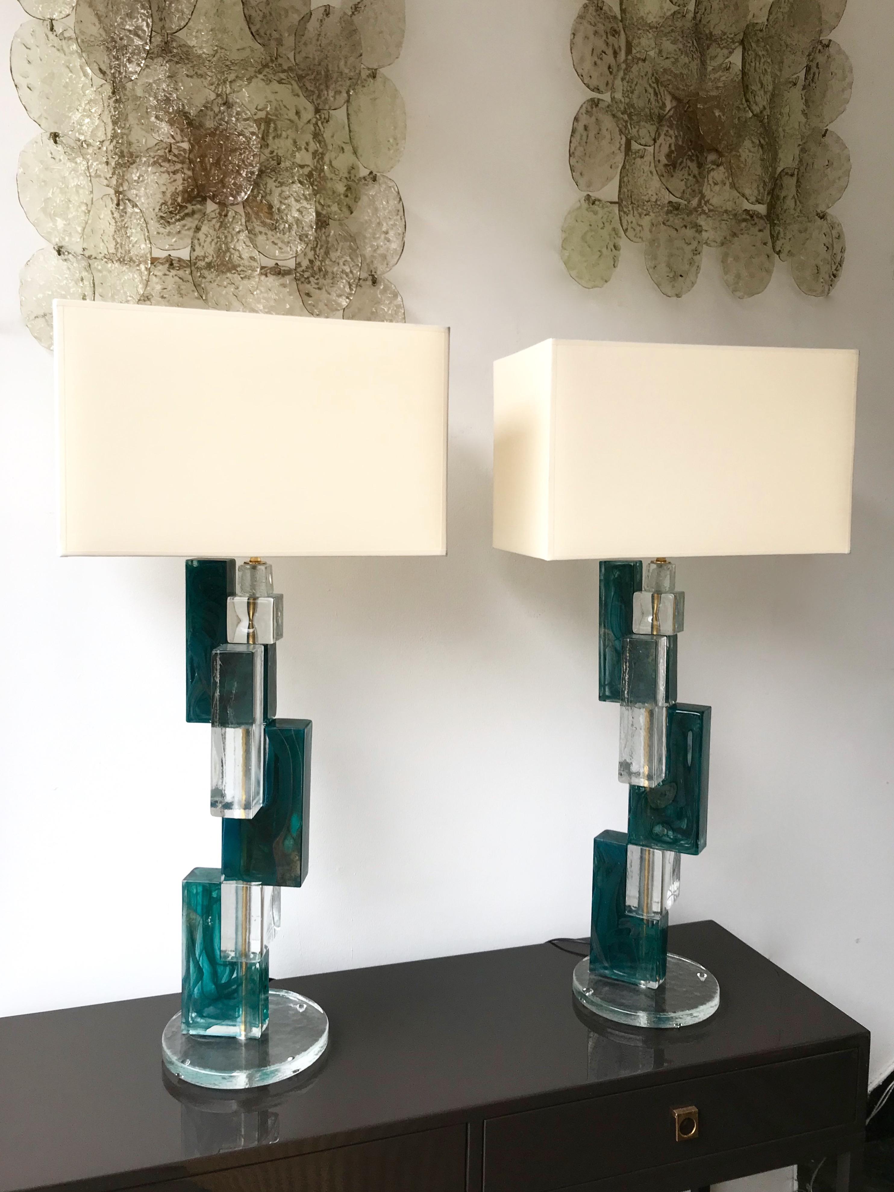 Pair of Contemporary Lamps Cubic Murano Glass and Brass 1