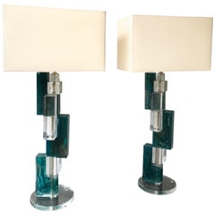 Pair of Contemporary Lamps Cubic Murano Glass and Brass