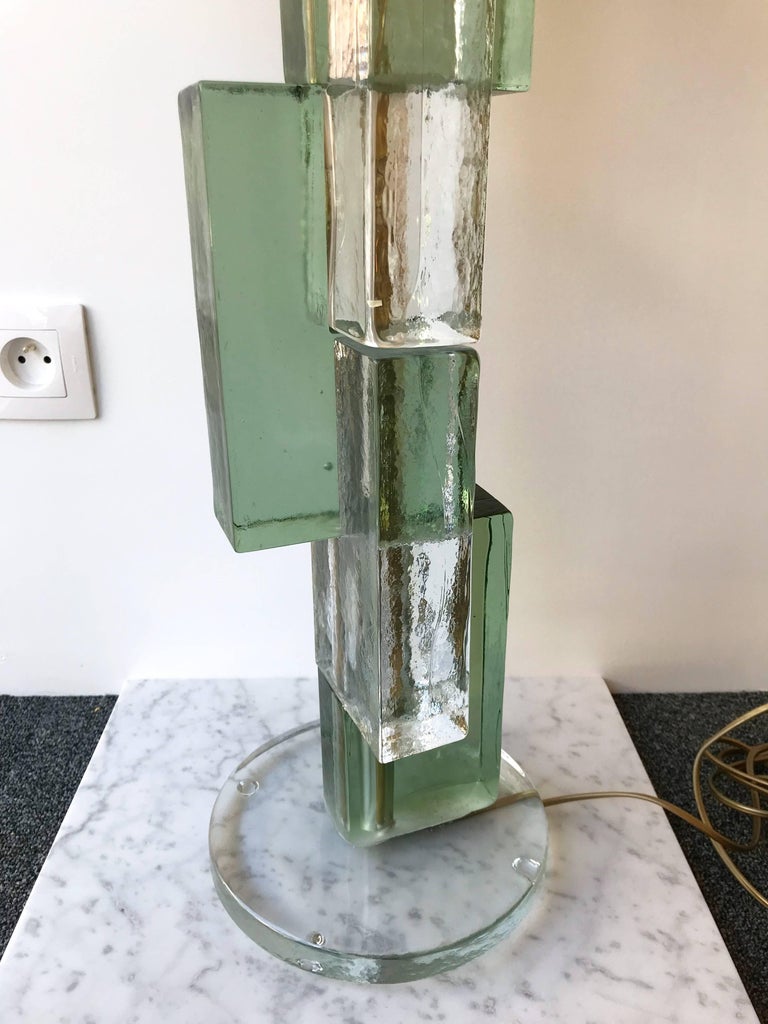 Huge pair of contemporary table lamps cubic pressed Murano glass block. Few exclusive production from a small Italian design workshop. In the style of Mazzega, Poliarte, Venini, Vistosi, Carlo Nason.
Measurement: Height top of lamp 73 centimetres.