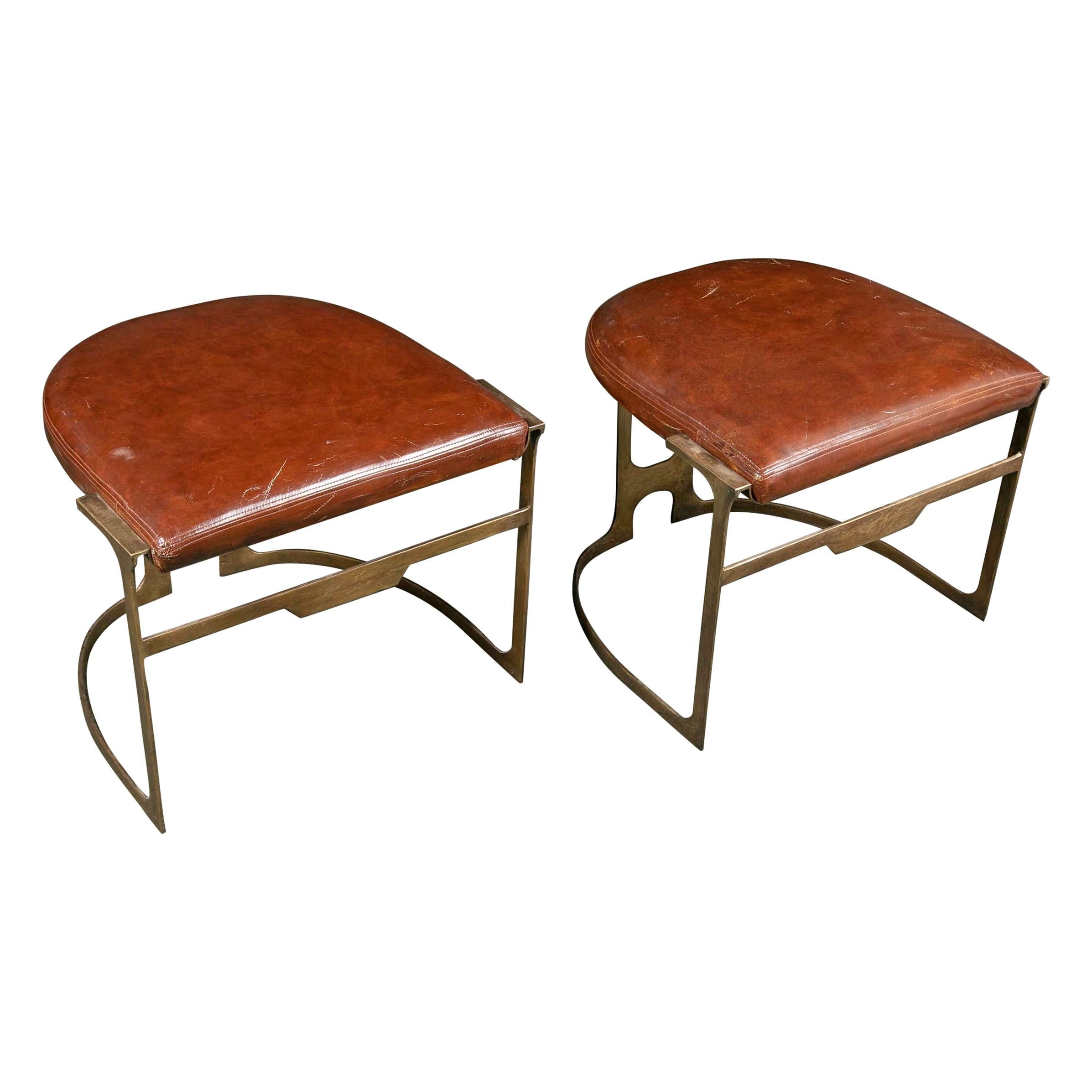 Pair of Contemporary Leather and Patinated Bronze Stools