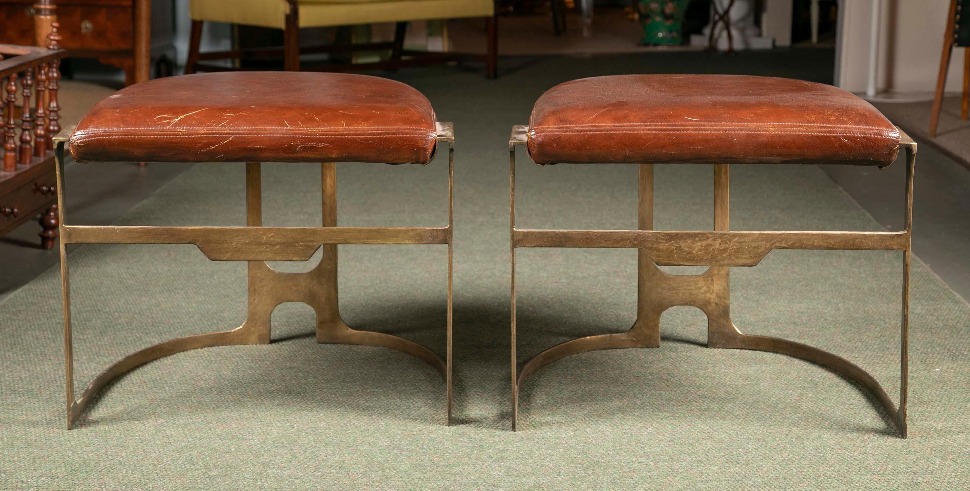 Modern Pair of Contemporary Leather and Patinated Bronze Stools