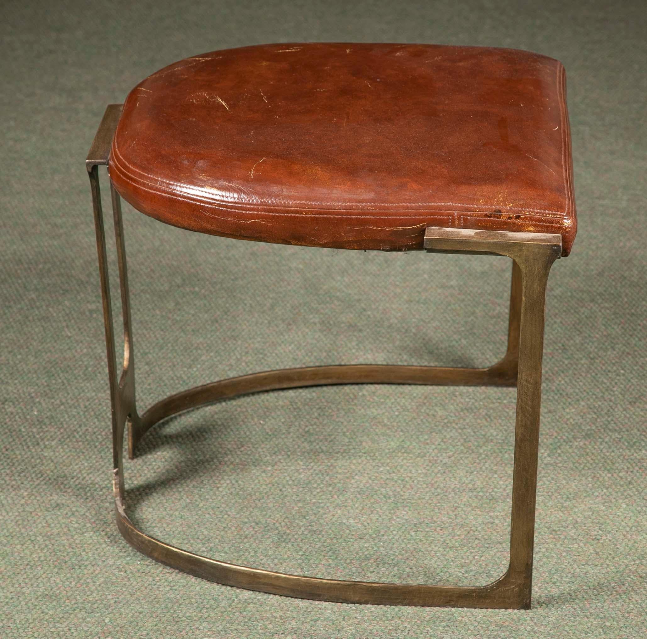 American Pair of Contemporary Leather and Patinated Bronze Stools