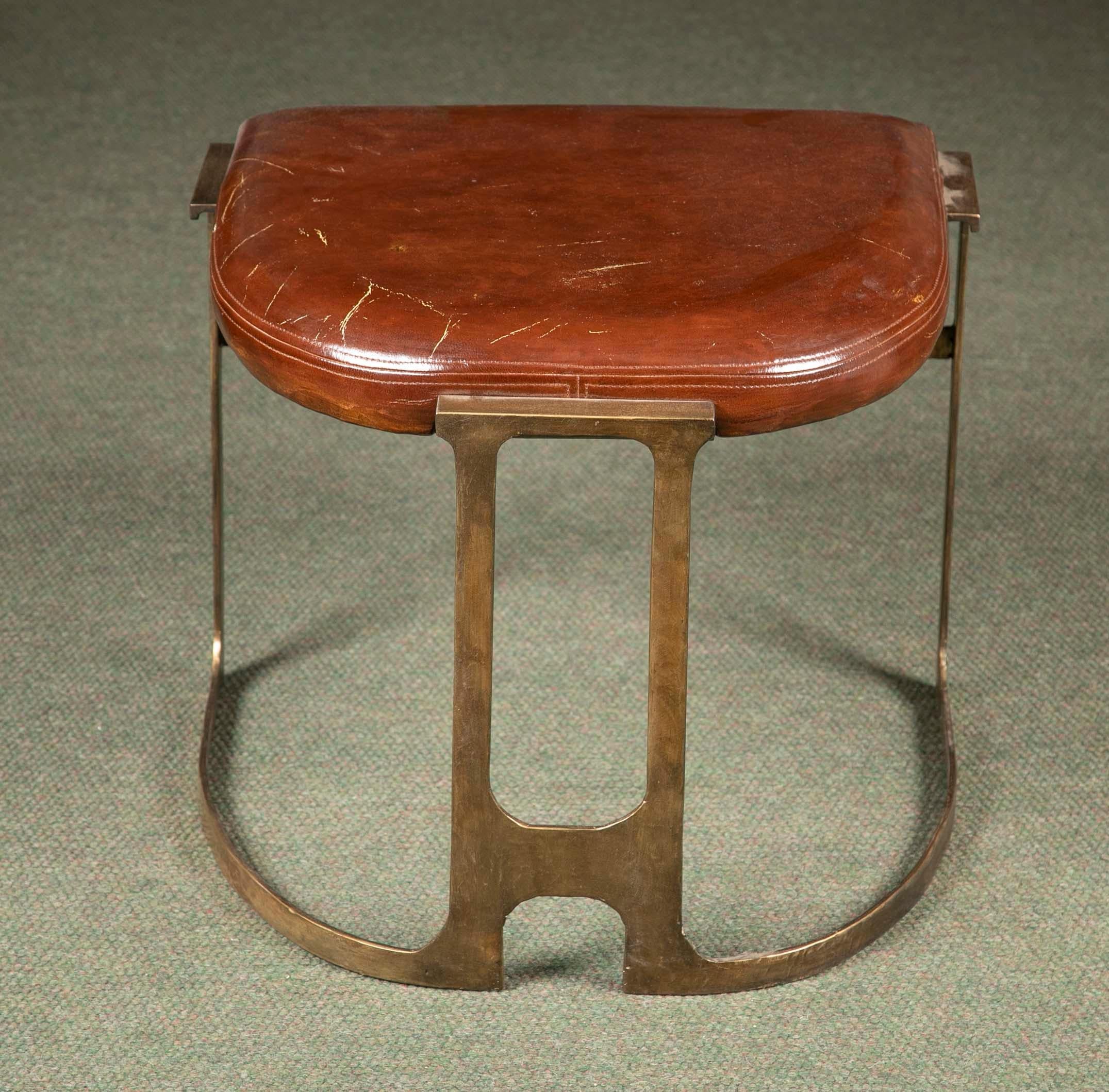 Pair of Contemporary Leather and Patinated Bronze Stools 1