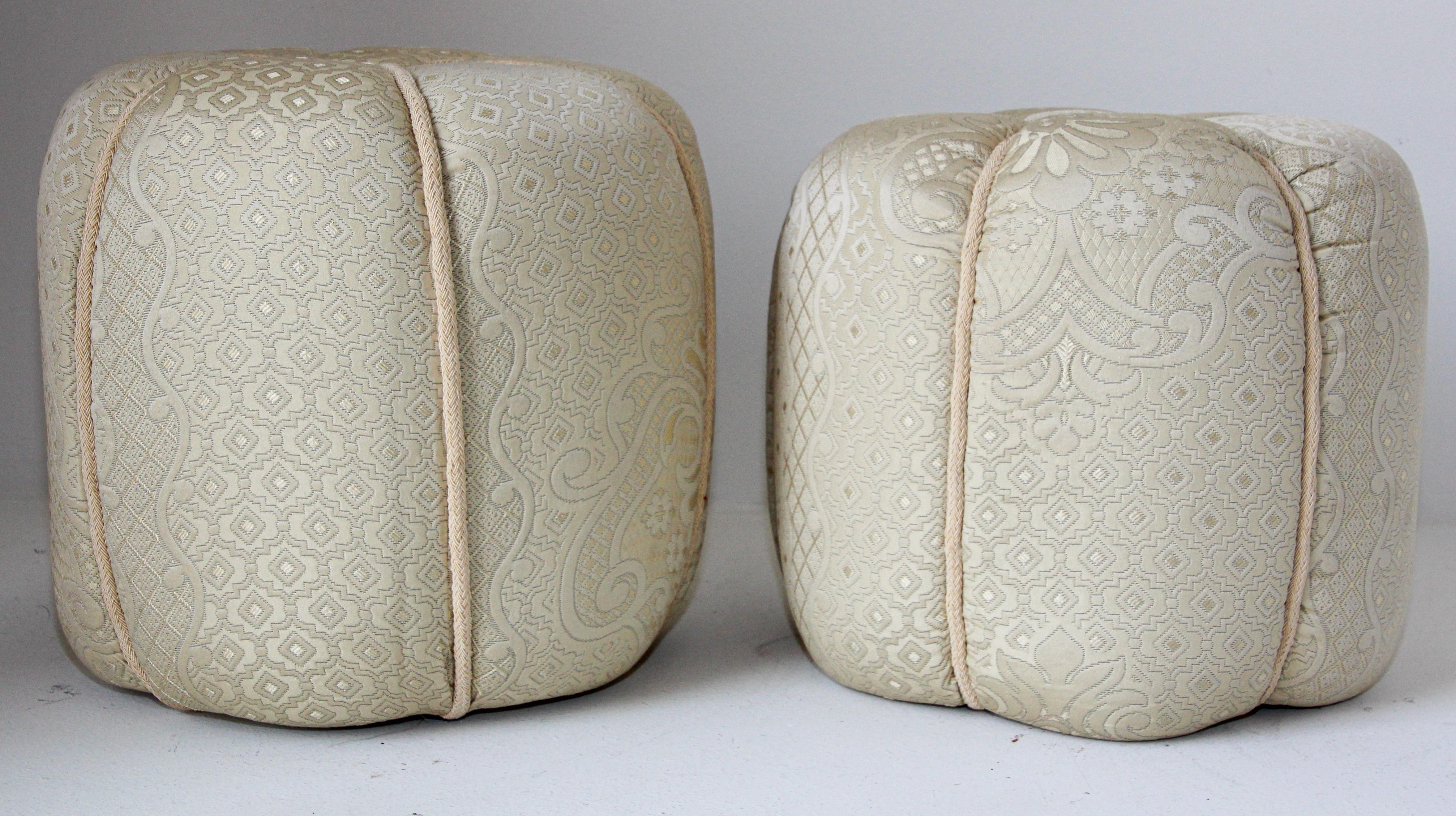 Pair of round Moroccan stools in white fabric upholstery Art Deco Style.
Art Deco style little pouf hassock, upholstered footstool circular ottoman.
This versatile accent piece, pouf is designed primarily for seating but can be used as both seating