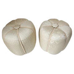 Pair of Contemporary Little Pouf in White Upholstered Round Stools
