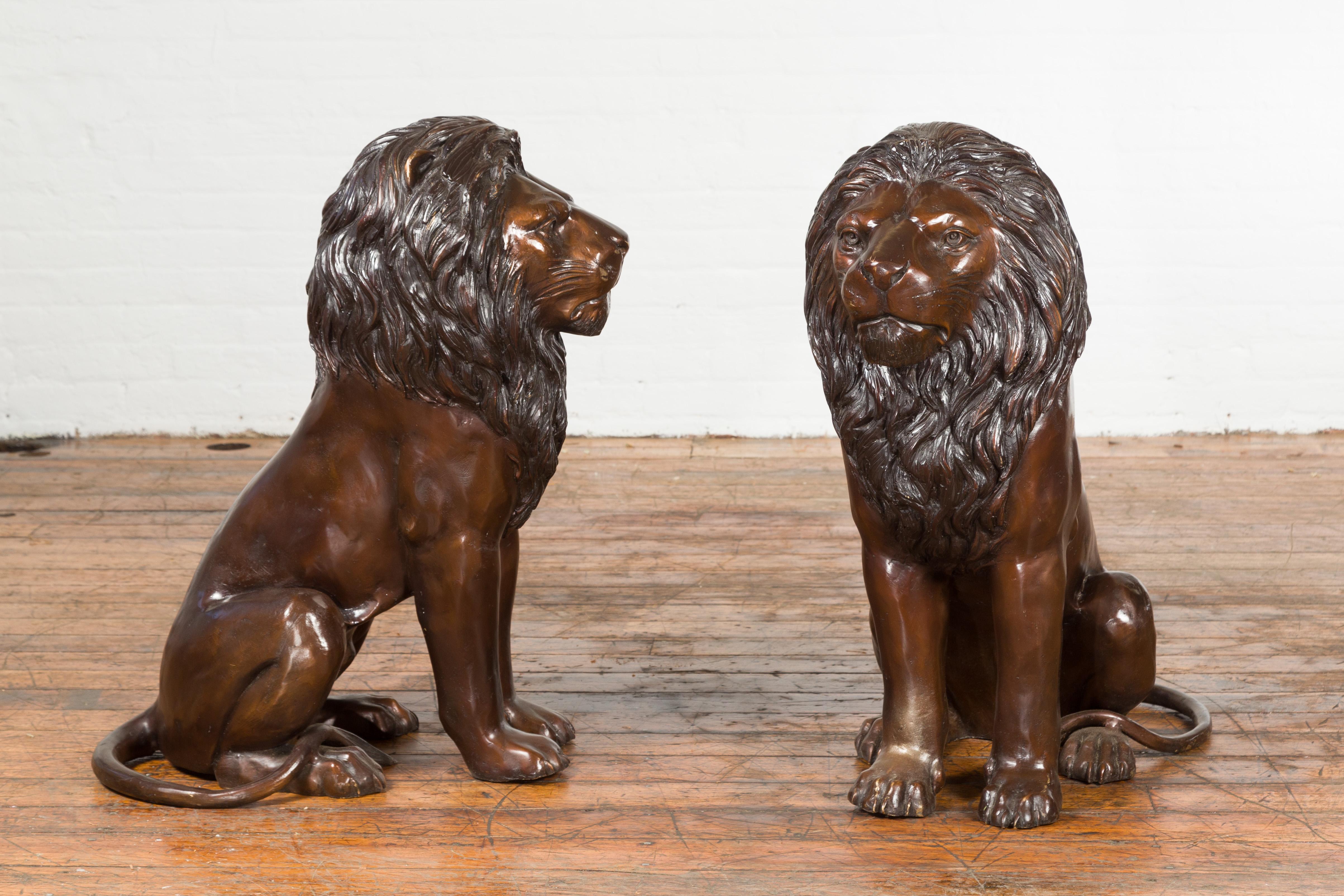 Pair of Contemporary Lost Wax Cast Outdoor Sitting Lions with Dark Bronze Patina For Sale 4