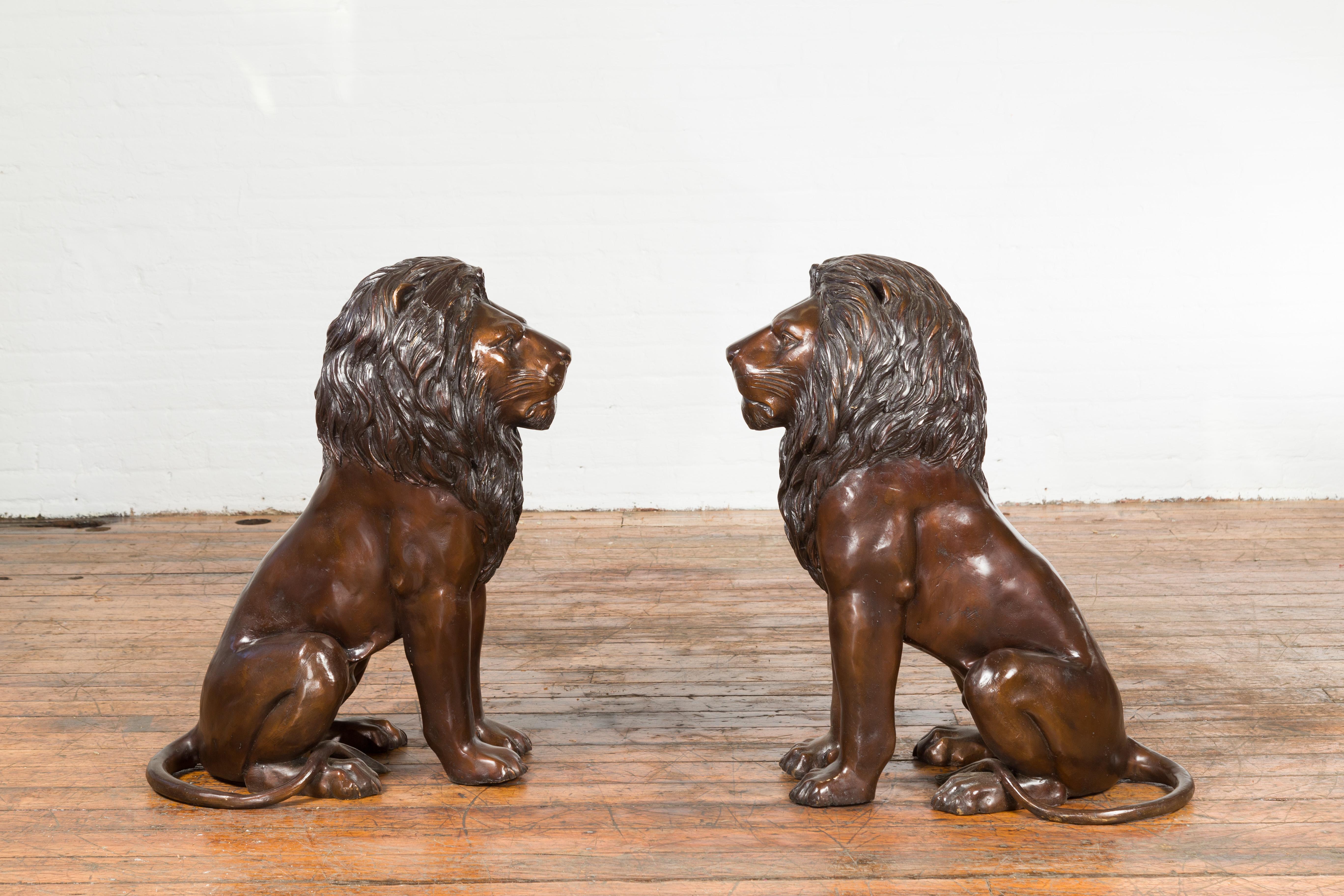 Pair of Contemporary Lost Wax Cast Outdoor Sitting Lions with Dark Bronze Patina For Sale 5