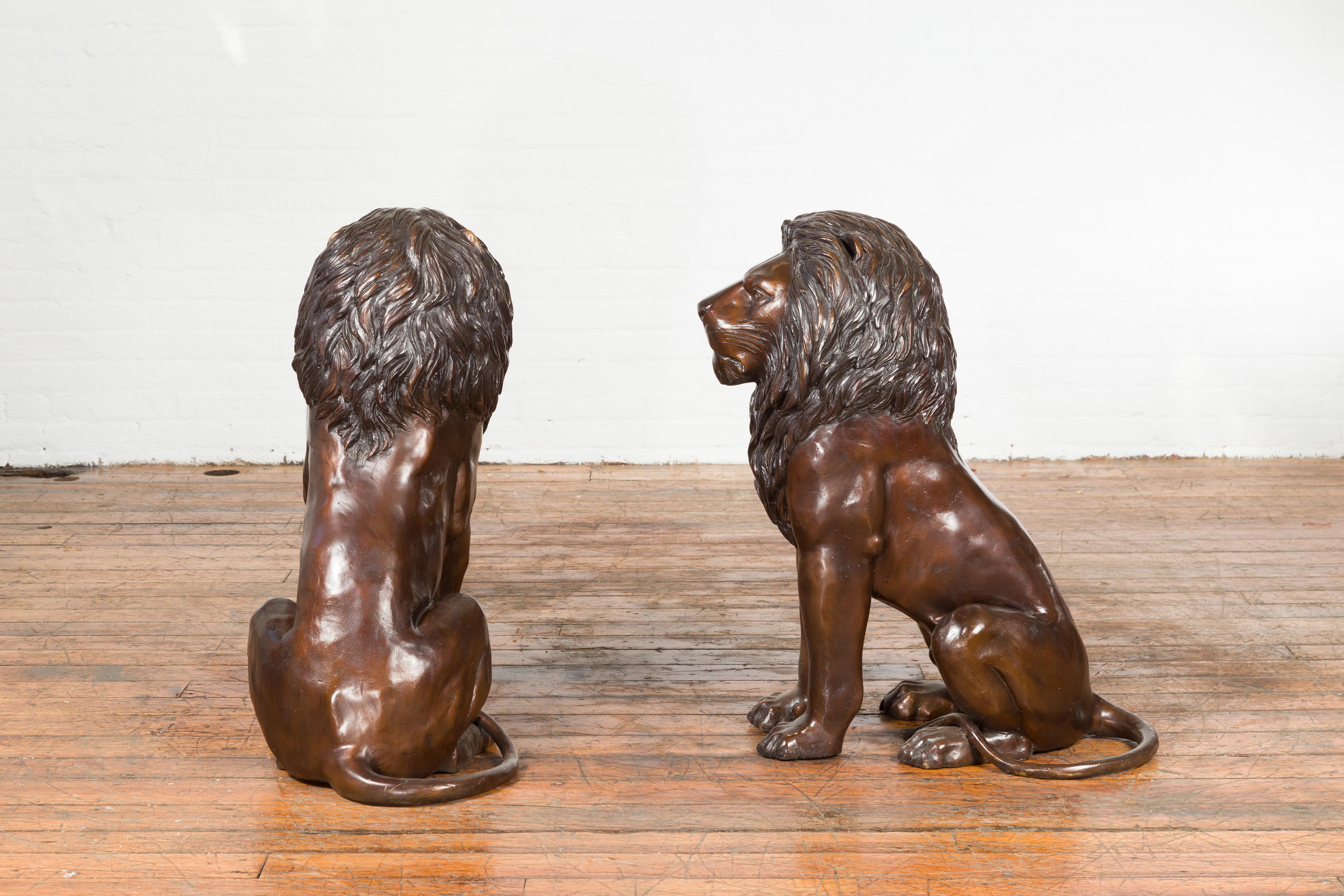 Pair of Contemporary Lost Wax Cast Outdoor Sitting Lions with Dark Bronze Patina For Sale 6
