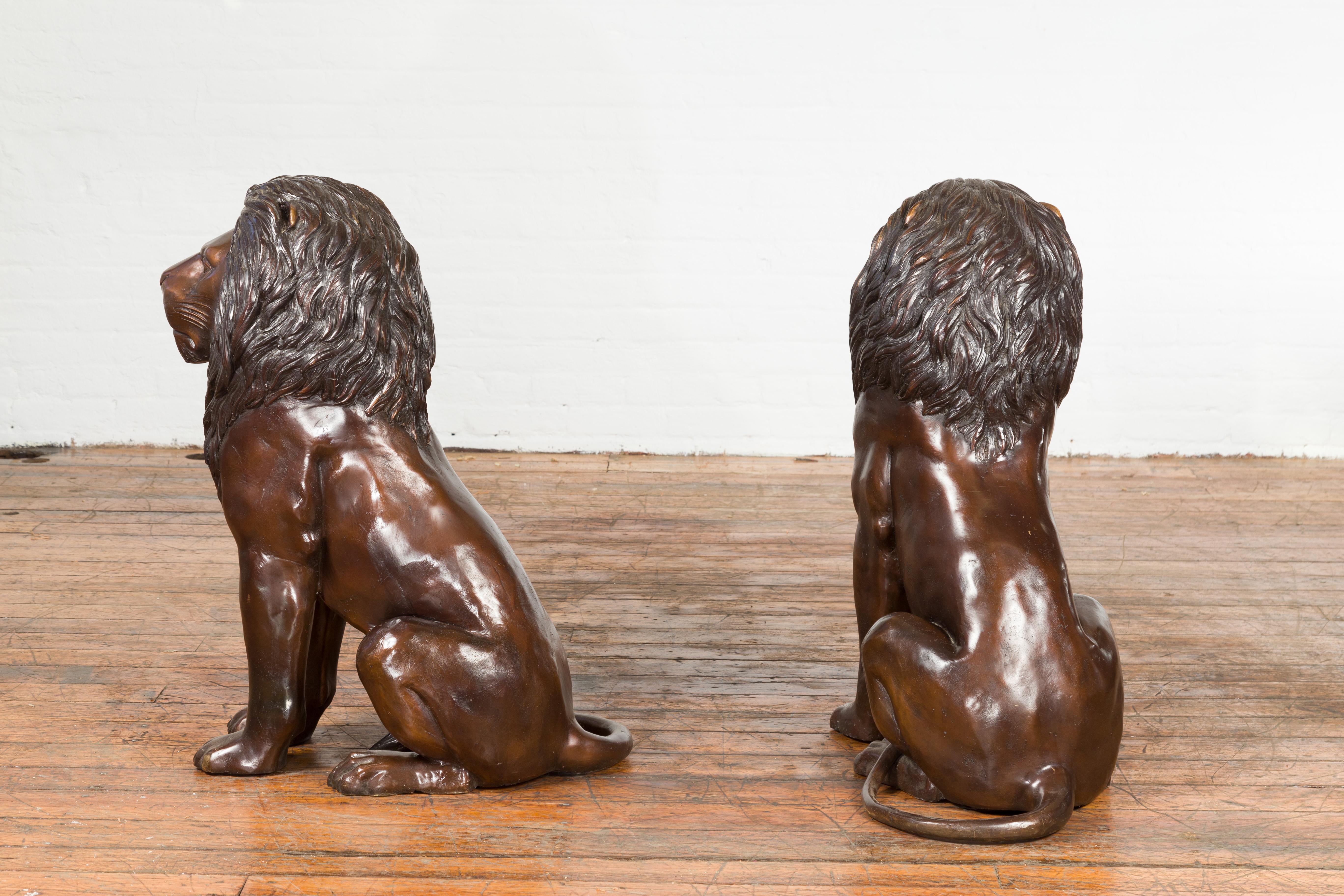 Pair of Contemporary Lost Wax Cast Outdoor Sitting Lions with Dark Bronze Patina For Sale 7