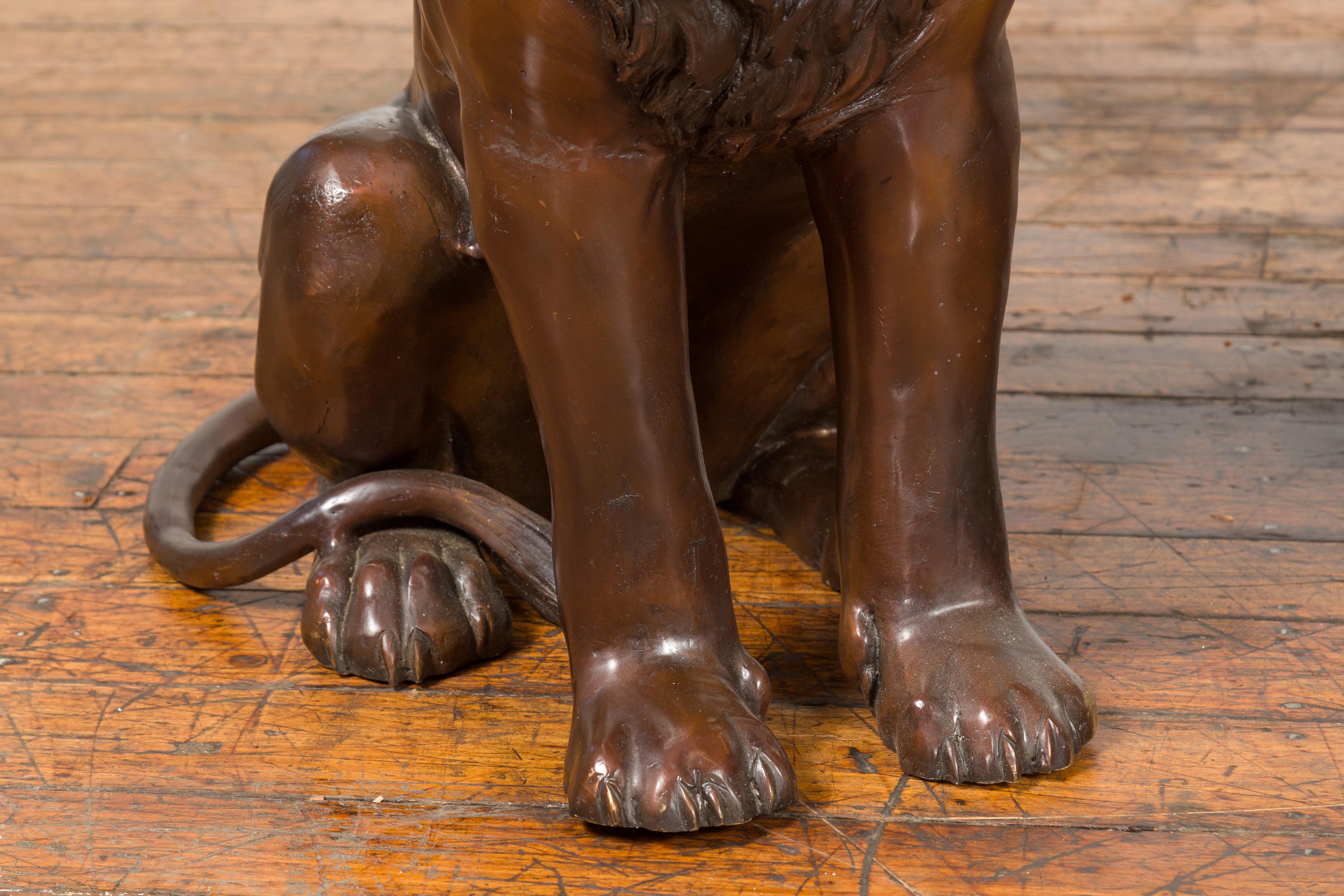 Pair of Contemporary Lost Wax Cast Outdoor Sitting Lions with Dark Bronze Patina For Sale 2