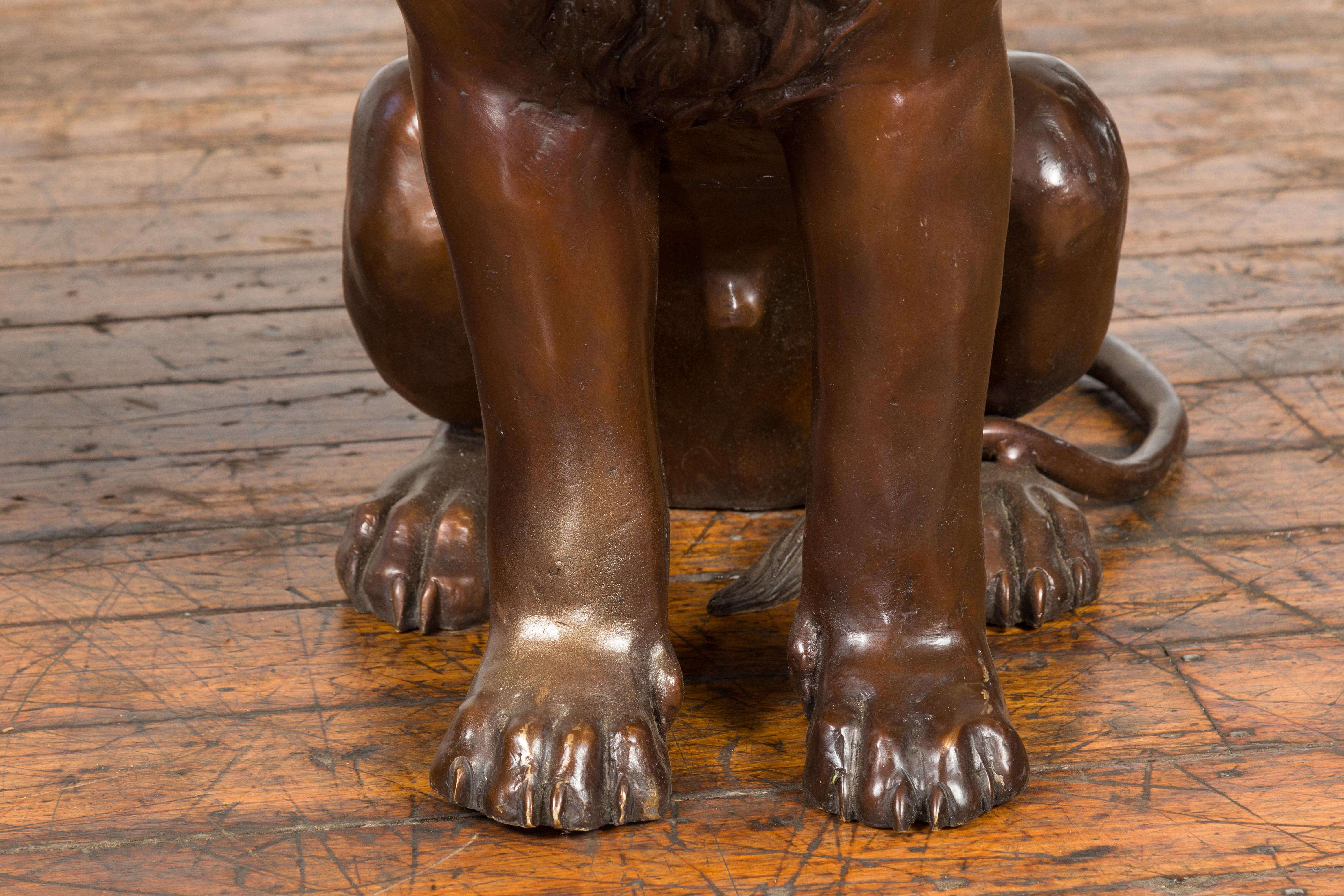 Pair of Contemporary Lost Wax Cast Outdoor Sitting Lions with Dark Bronze Patina For Sale 3