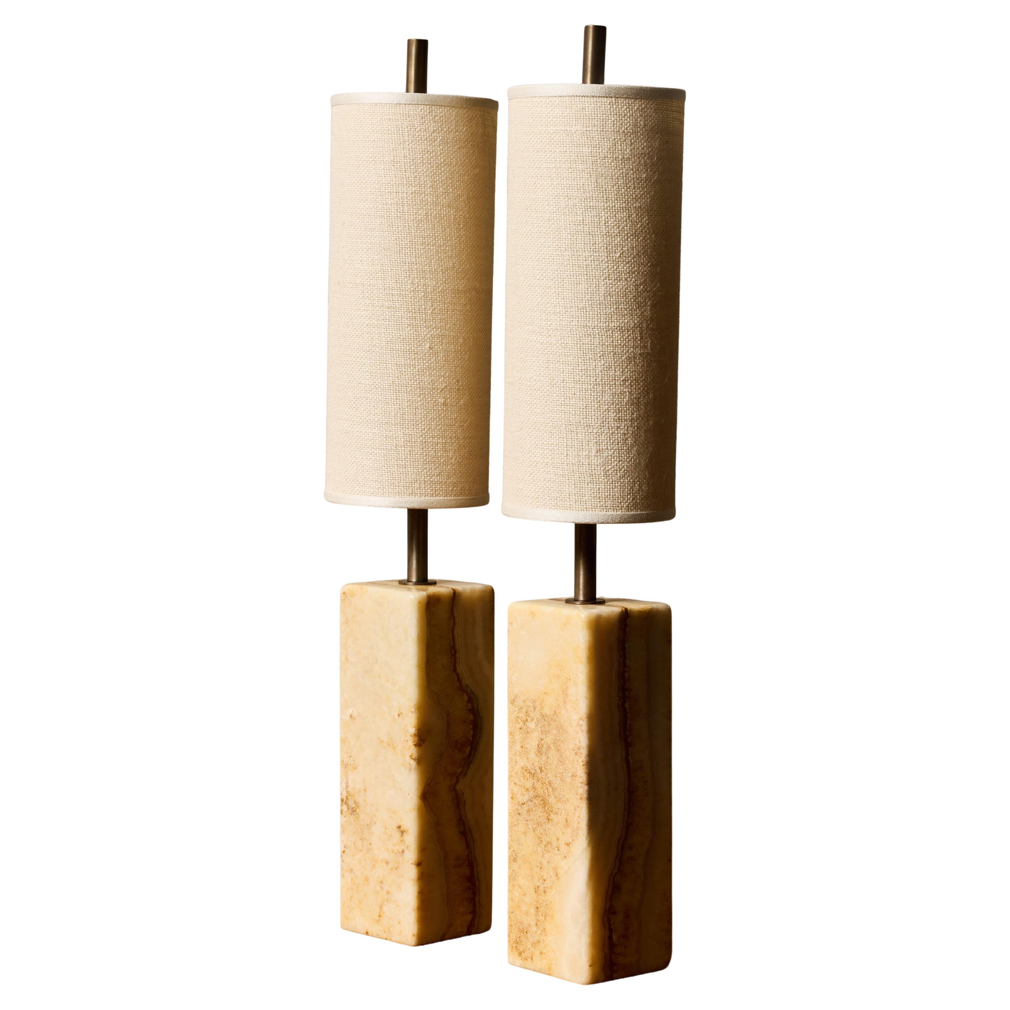Pair of Contemporary Marble and Patinated Brass Column Table Lamps