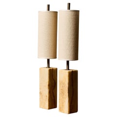 Pair of Contemporary Marble and Patinated Brass Column Table Lamps