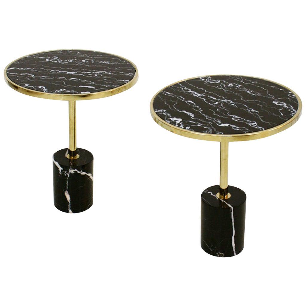 Pair of Contemporary Marquina Marble, Glass, Brass Side Italian Tables For Sale