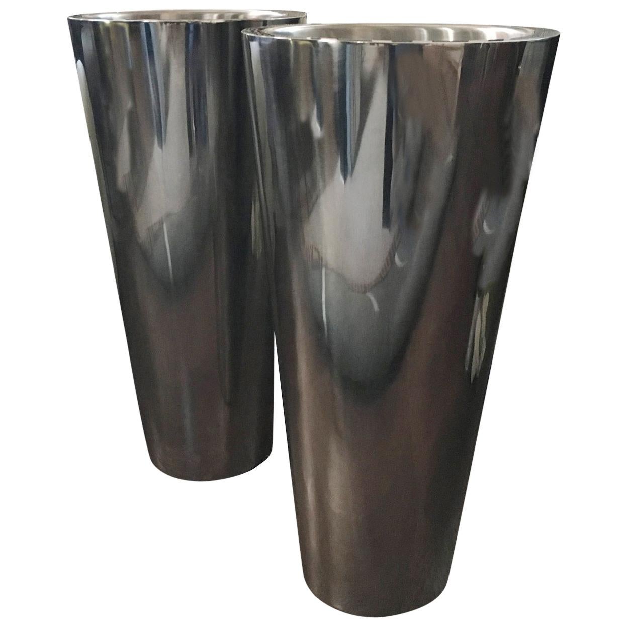 Italian Design Pair Metal Chrome Finish Vases For Sale
