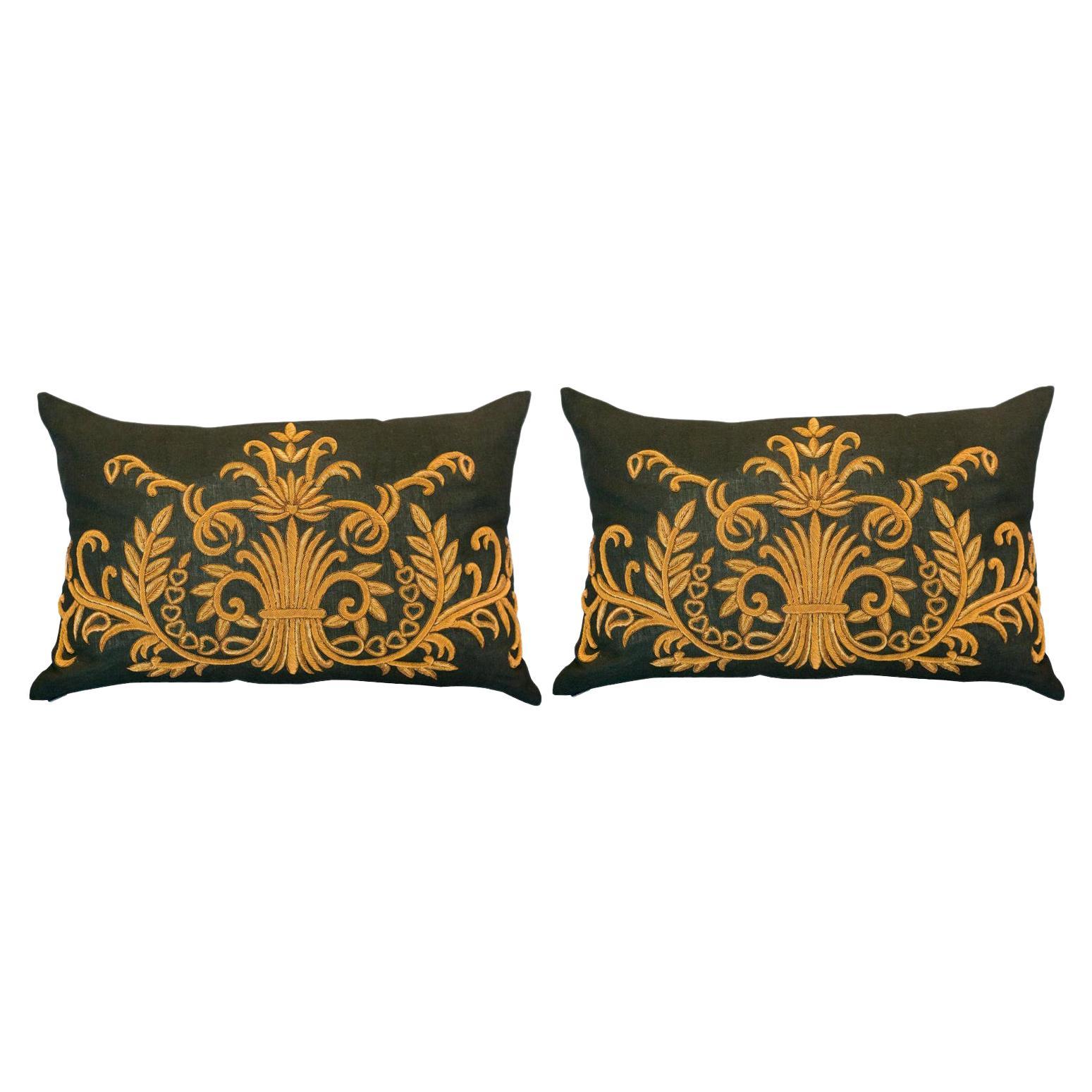 Contemporary Metallic Floral Embroidered Charcol Grey Linen Pillow For