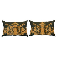 Pair of Contemporary Metallic Floral Embroidered Charcol Grey Linen Pillow