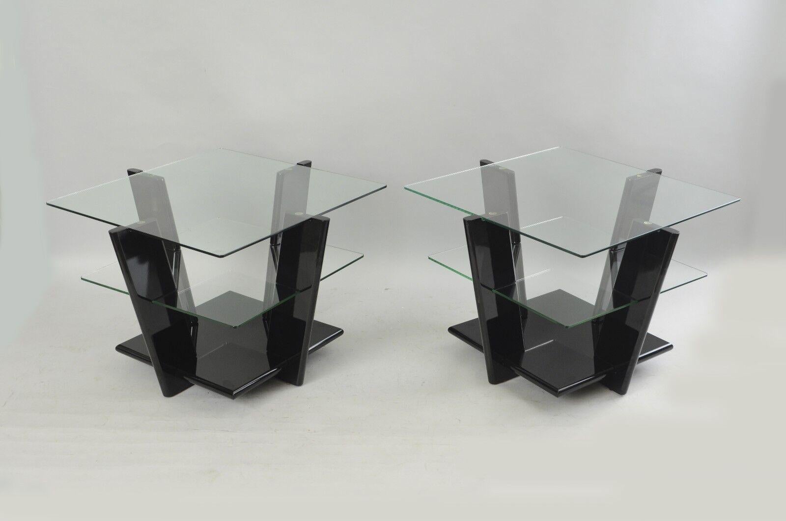Pair of Contemporary Modern Black Lacquer & Glass 3 Tier End Tables Sculptural For Sale 7
