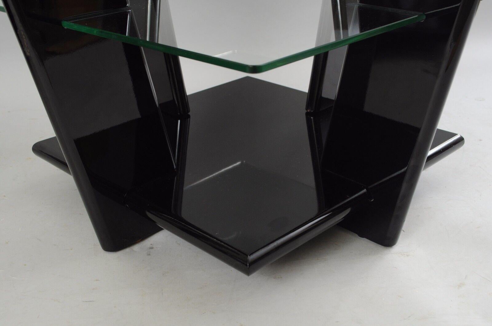 Pair of Contemporary Modern Black Lacquer & Glass 3 Tier End Tables Sculptural For Sale 1