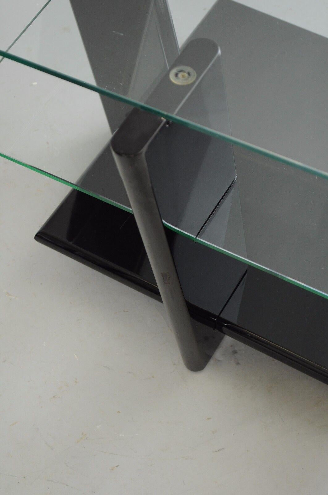 Pair of Contemporary Modern Black Lacquer & Glass 3 Tier End Tables Sculptural For Sale 4