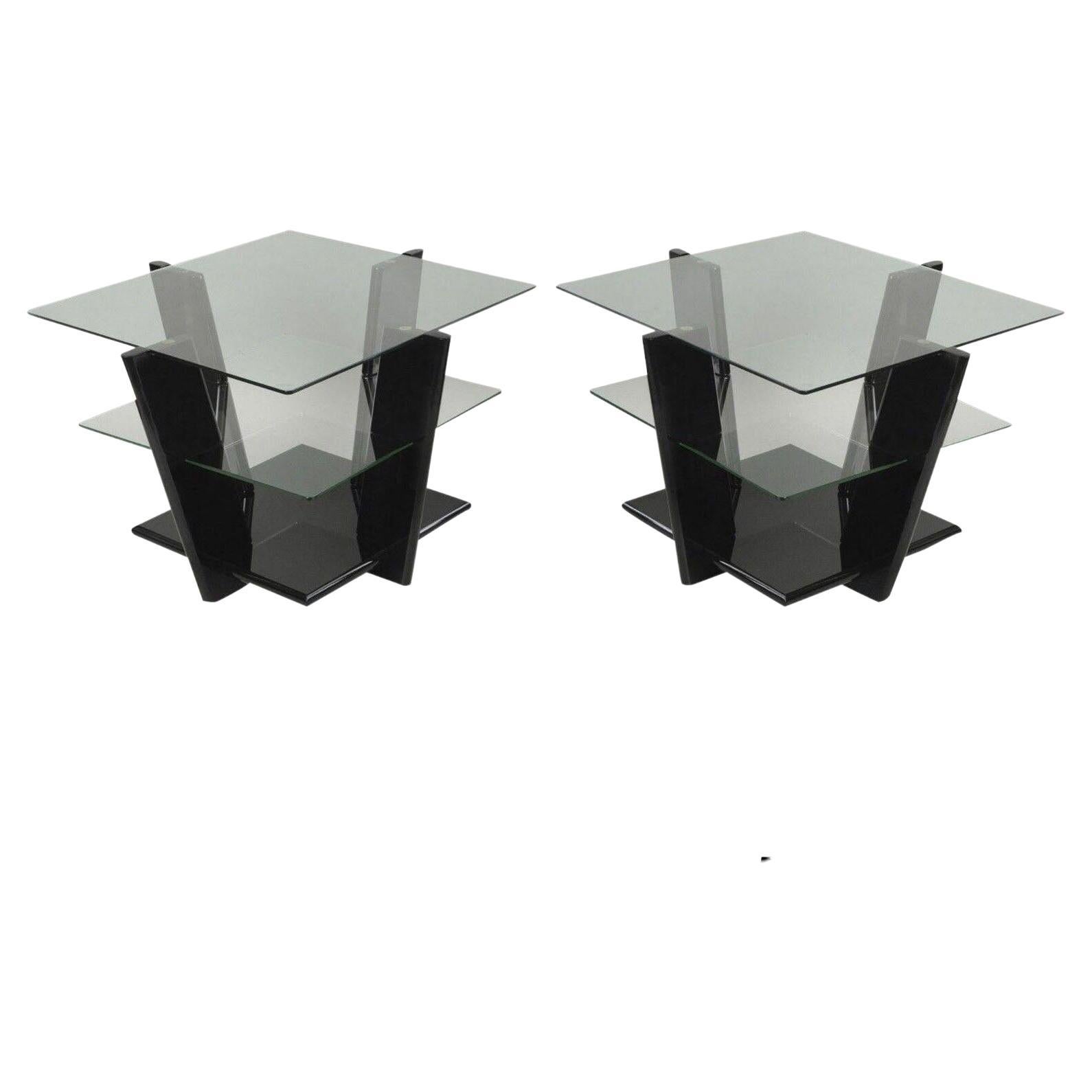 Paire de tables d'extrémité sculpturales modernes contemporaines à 3 niveaux en laque noire et verre