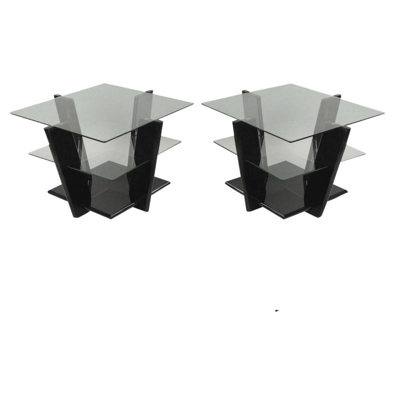 Pair of Contemporary Modern Black Lacquer and Glass 3 Tier End Tables