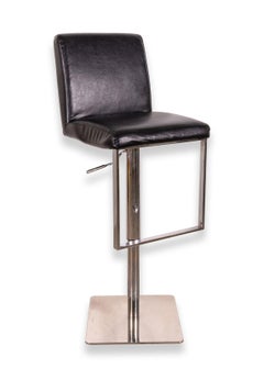 Pair of Contemporary Modern Chrome and Black Leather Barstools Adjustable Height