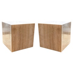 Pair of Contemporary Modern Marble Cube End Side Tables with Wheels