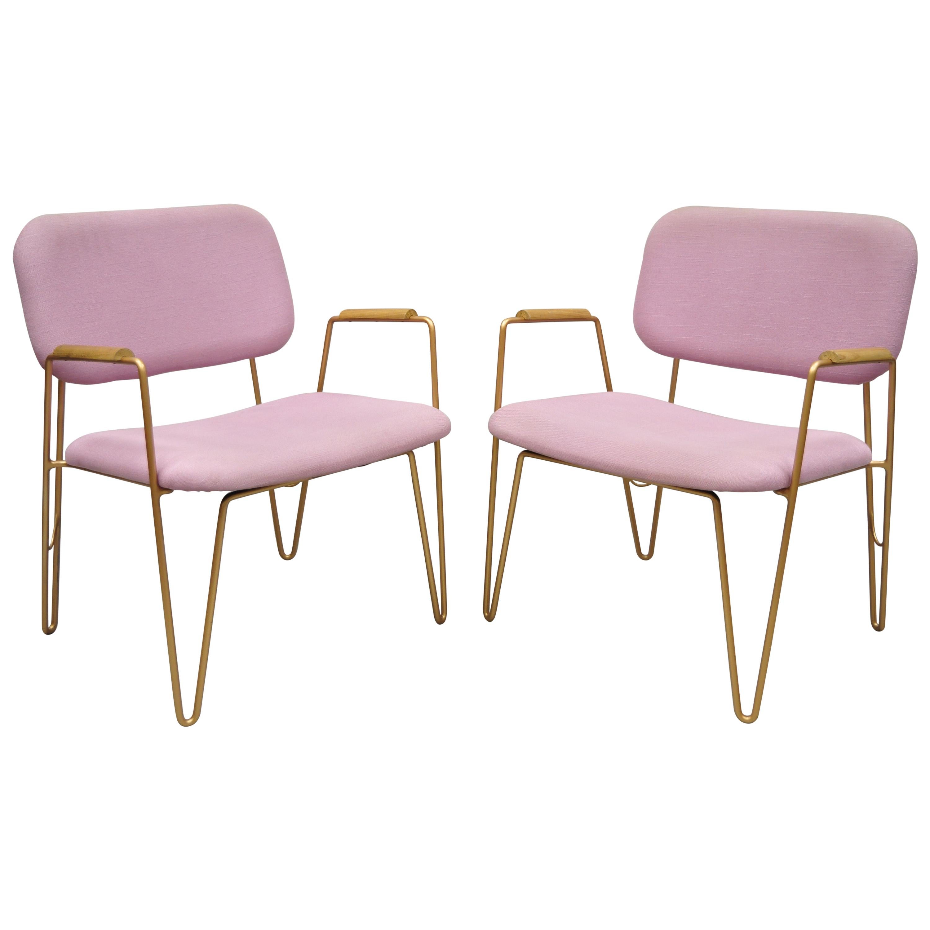Pair of Contemporary Modern Purple Gold Metal Hairpin Leg Lounge Armchairs For Sale