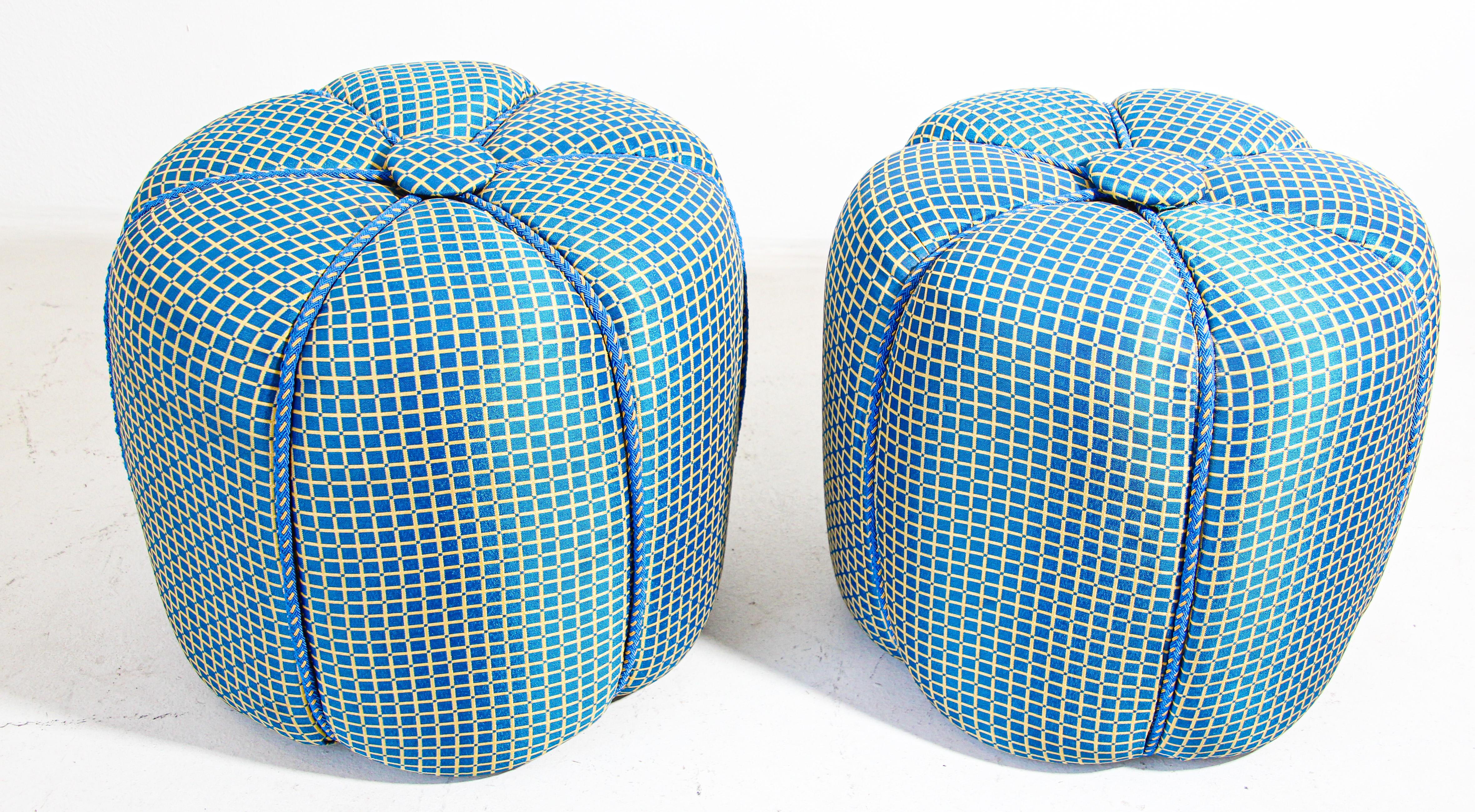 Pair of Vintage Art Deco Pouf Turquoise Upholstered Round Stools 3