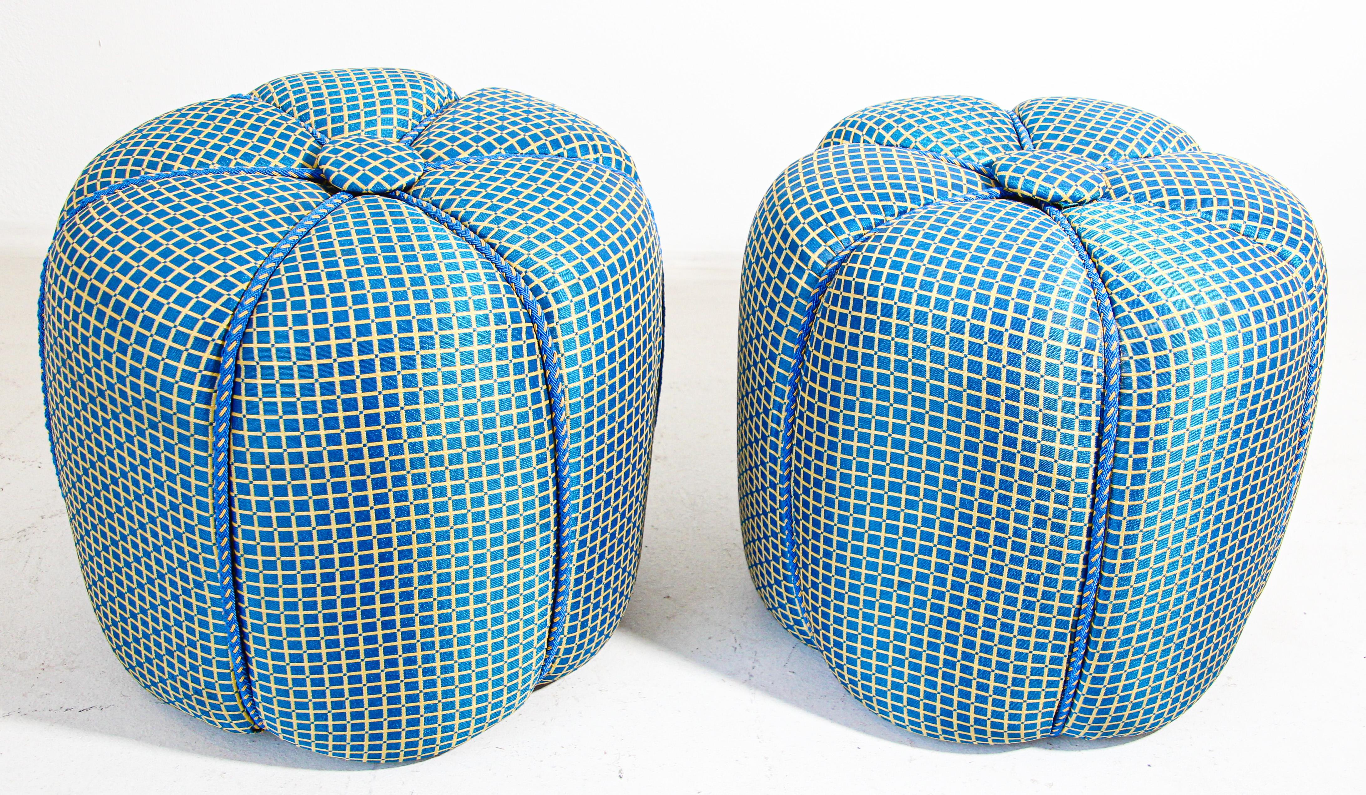 Pair of round Art Deco stools in Turquoise fabric upholstery.
Vintage Art Deco styel little pouf hassock, upholstered footstool circular ottoman.
This versatile accent piece, pouf is designed primarily for seating but can be used as both seating and