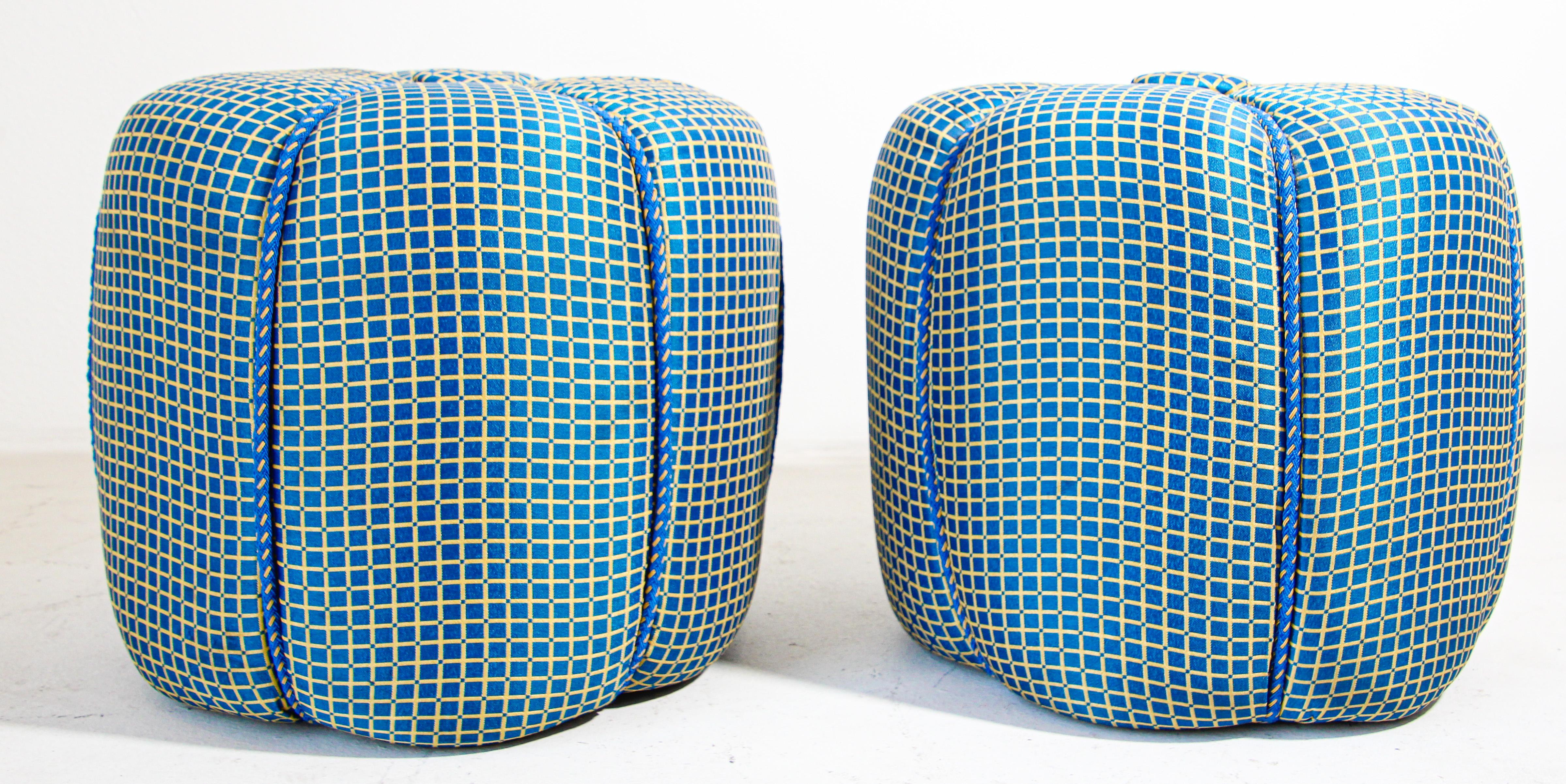 Moroccan Pair of Vintage Art Deco Pouf Turquoise Upholstered Round Stools