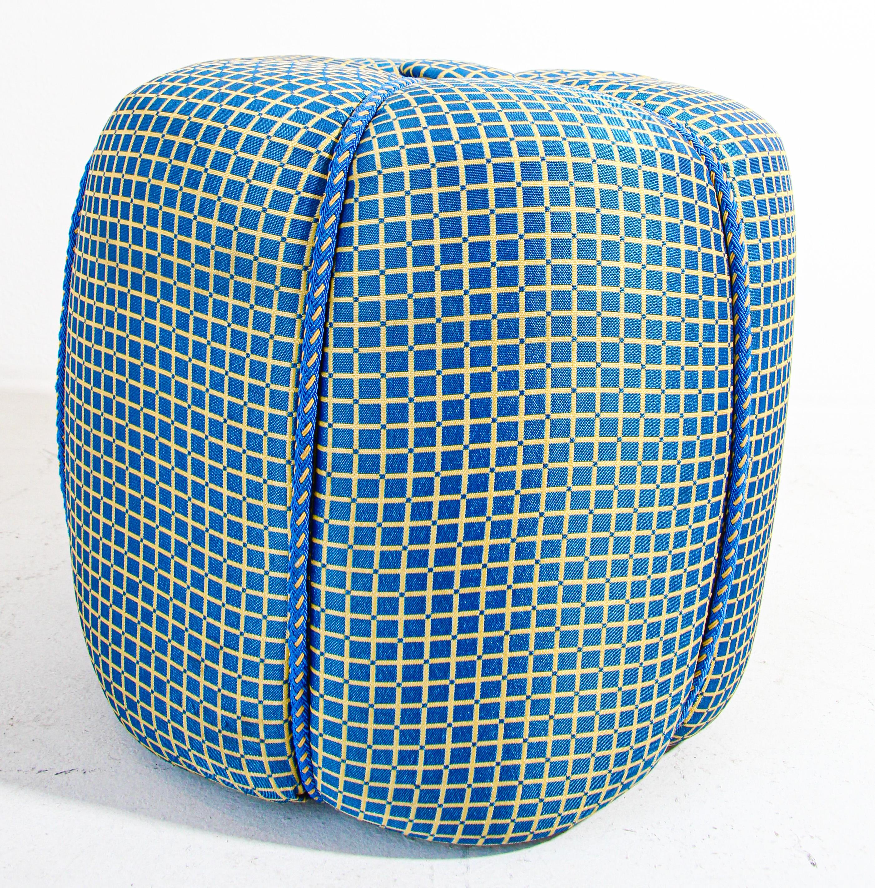 Fabric Pair of Vintage Art Deco Pouf Turquoise Upholstered Round Stools