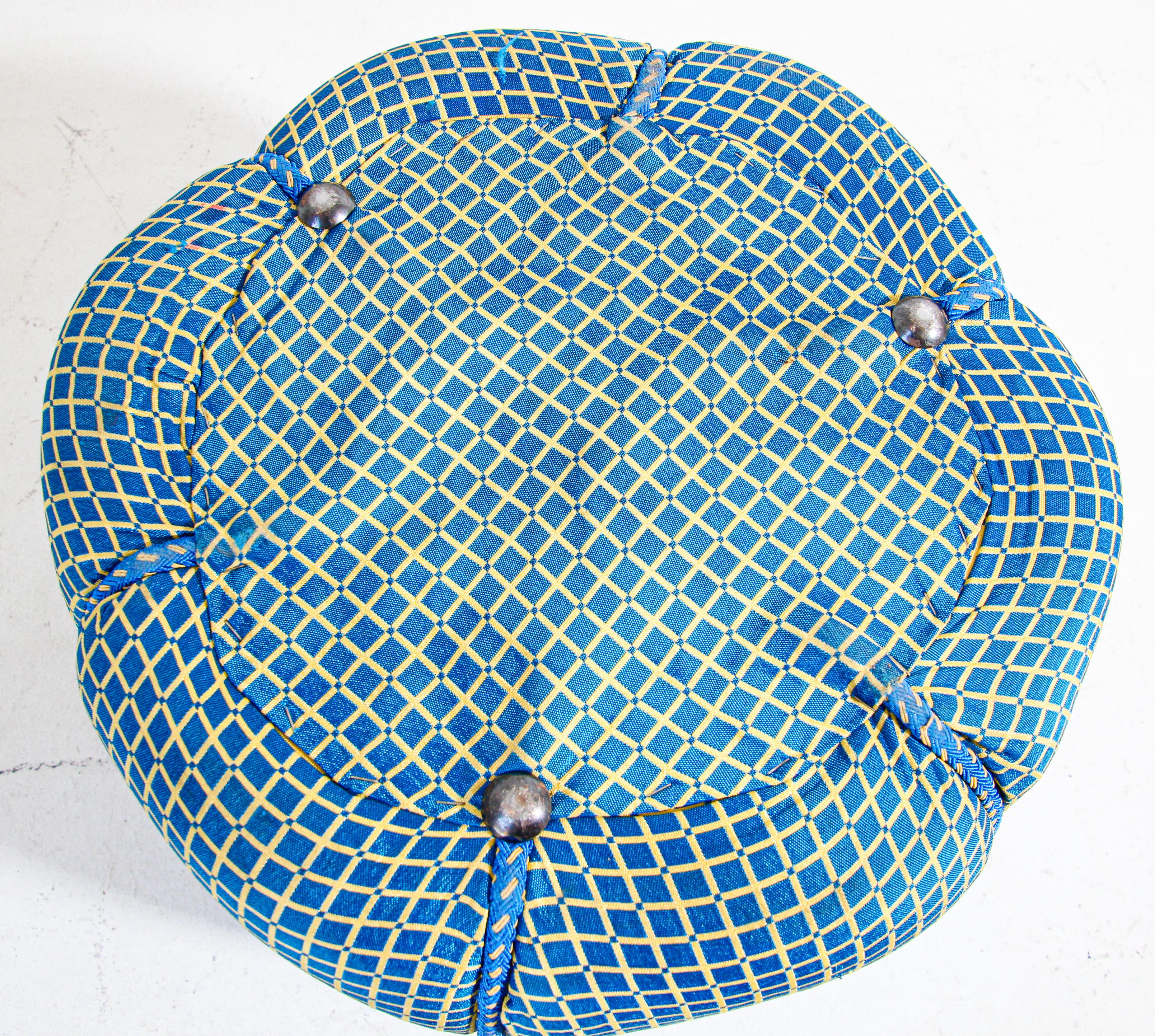 Pair of Vintage Art Deco Pouf Turquoise Upholstered Round Stools 2