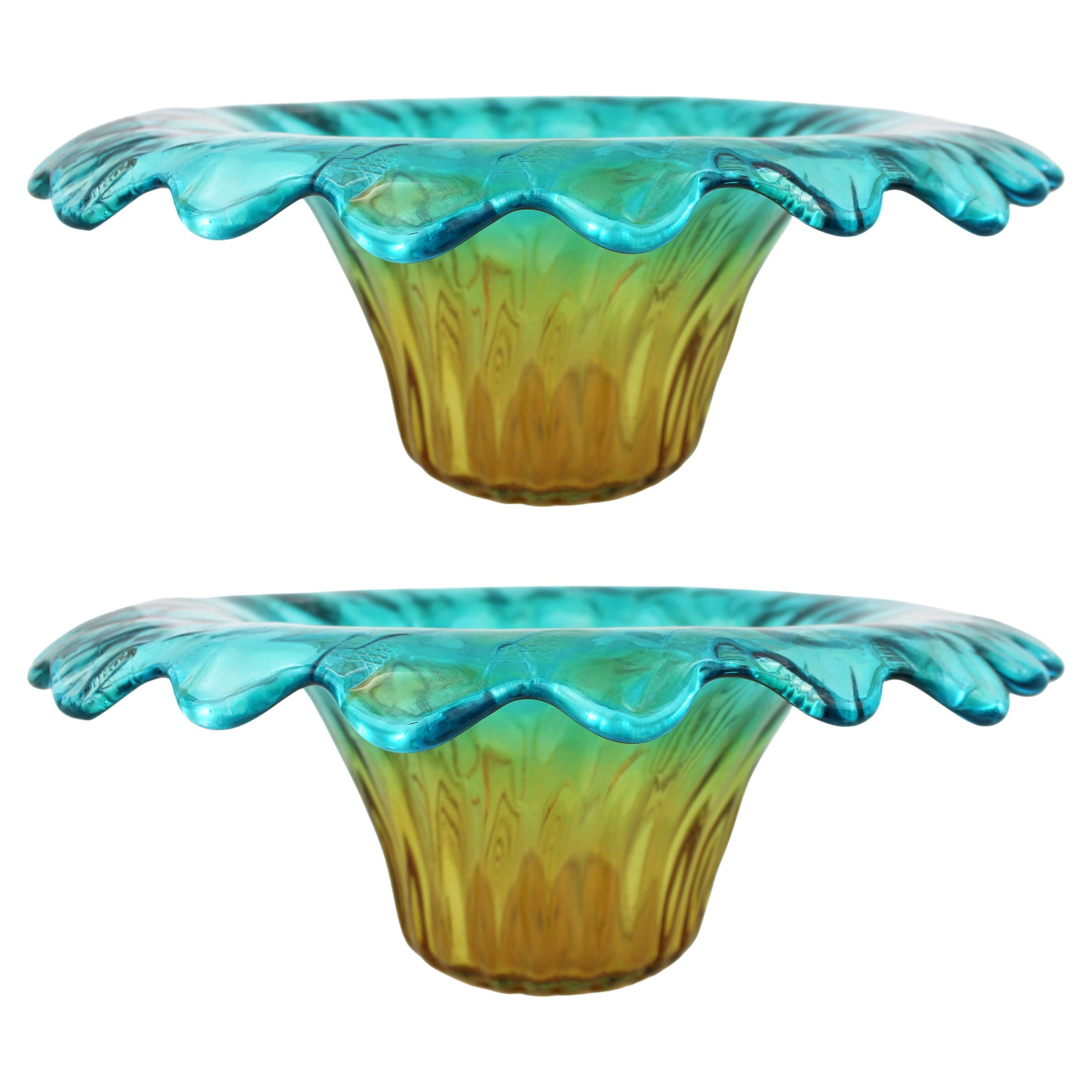 Paire de coupes centrales contemporaines en verre d'art de Murano - Bleu et ambre