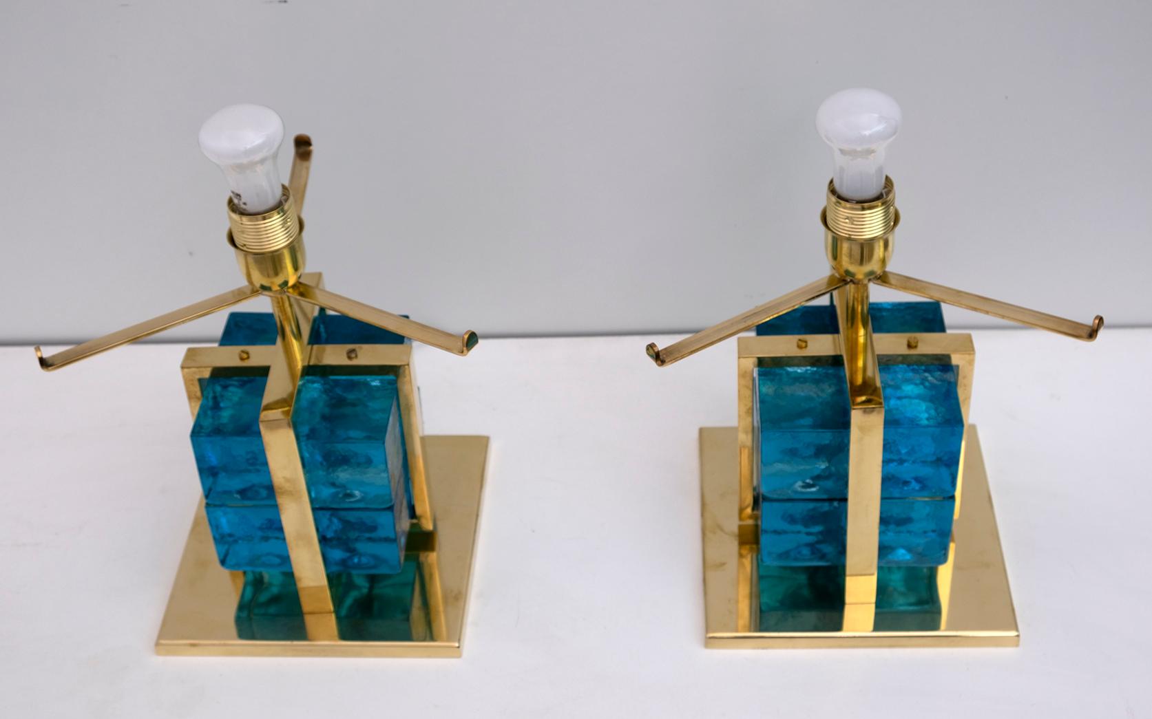 Pair of Contemporary Murano Glass and Brass Table Lamps For Sale 3