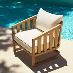 Pair of Contemporary Natural Teak Outdoor Armchair with Canvas Cushions