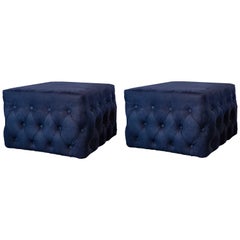 Pair of Contemporary Navy Blue Nubuck Upholstered Ottomans