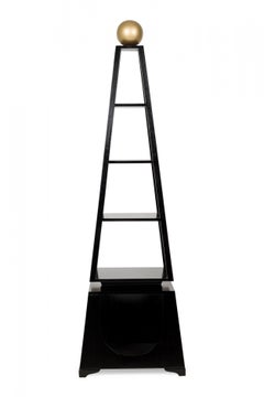 Pair of Contemporary Obelisk Form Four Shelf Ebonized Etageres / Display Shelves