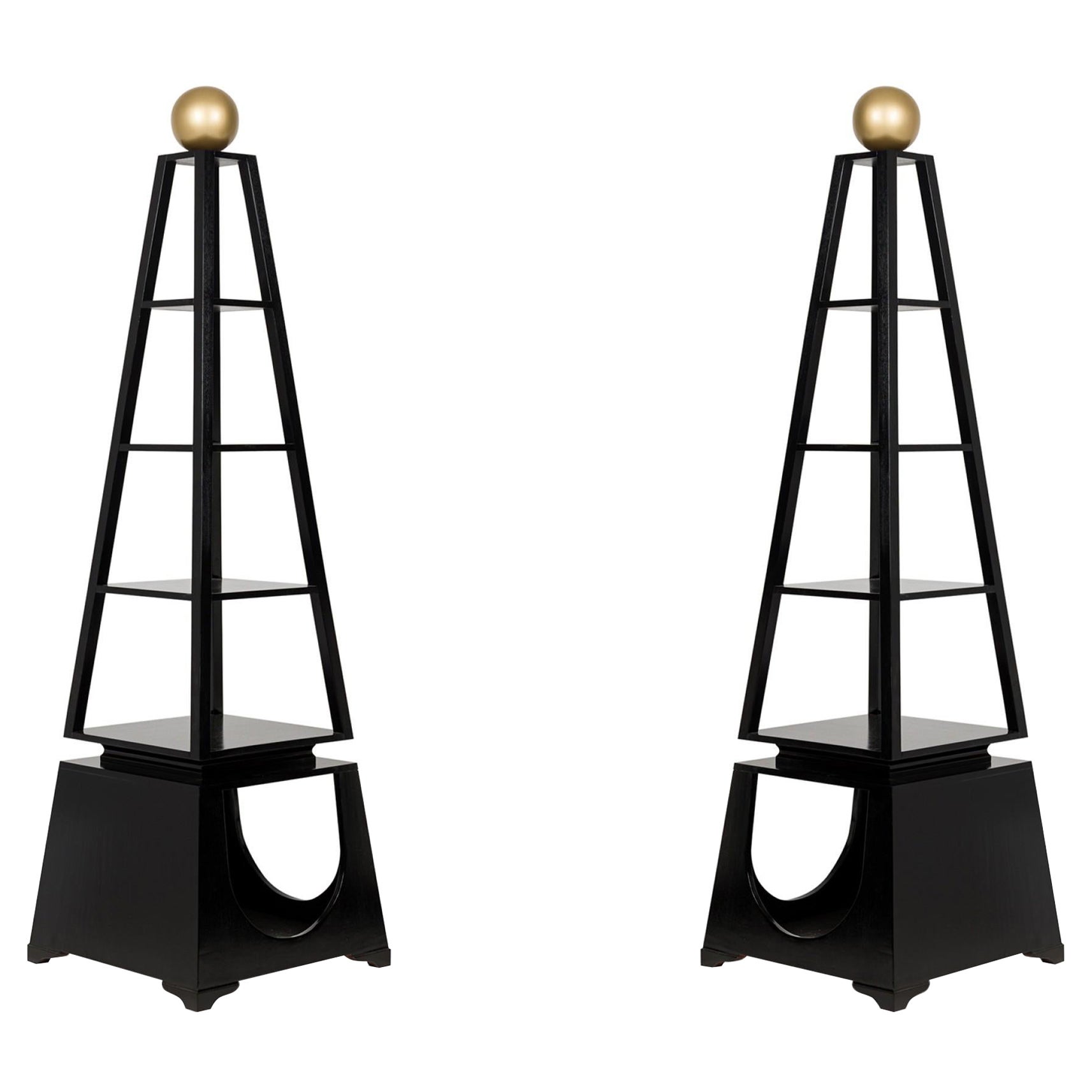 Pair of Contemporary Obelisk Form Four Shelf Ebonized Etageres / Display Shelves