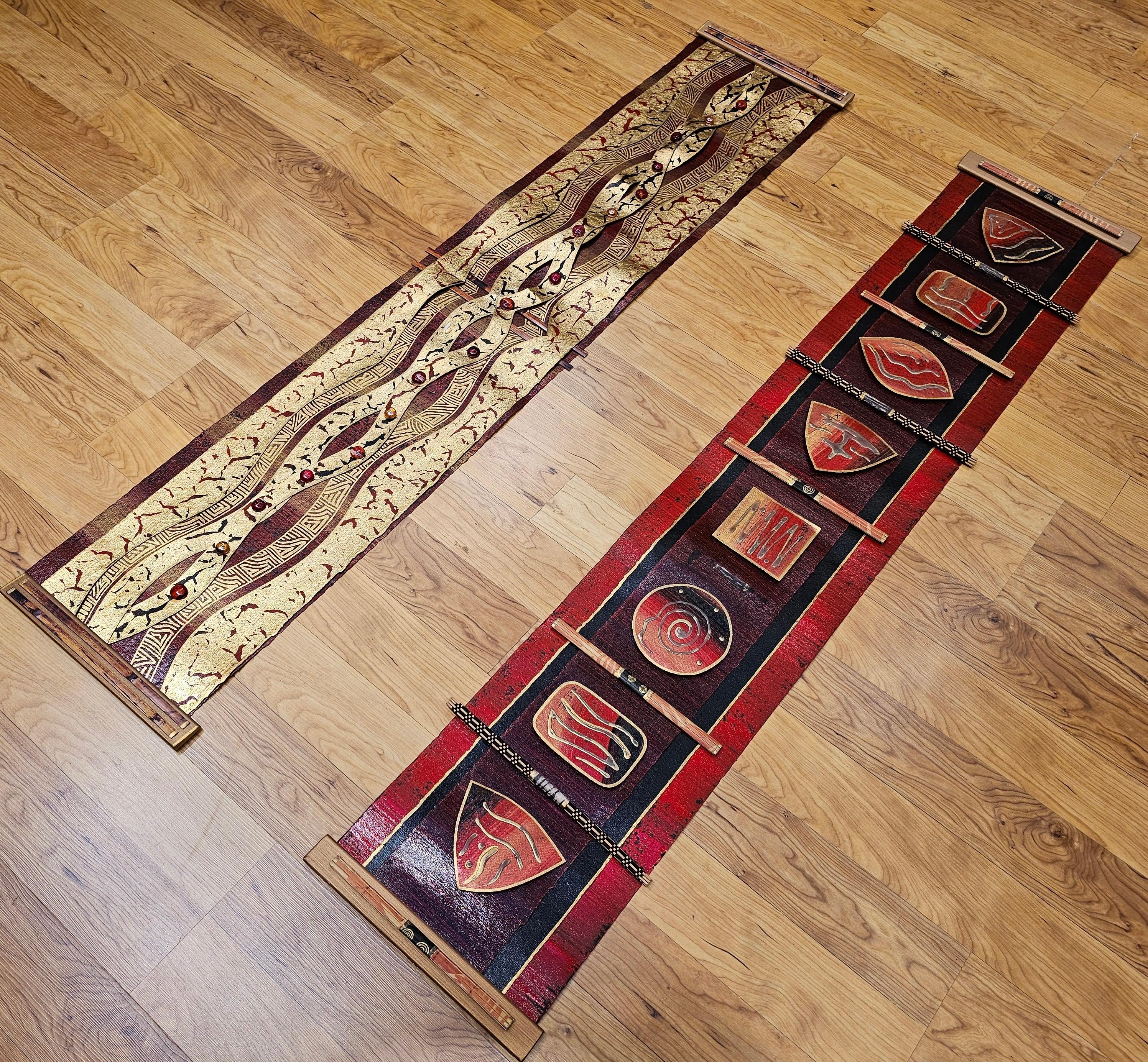 Pair of Contemporary Mixed Media 3D Wall Art in Red, Gold & Black For Sale 5