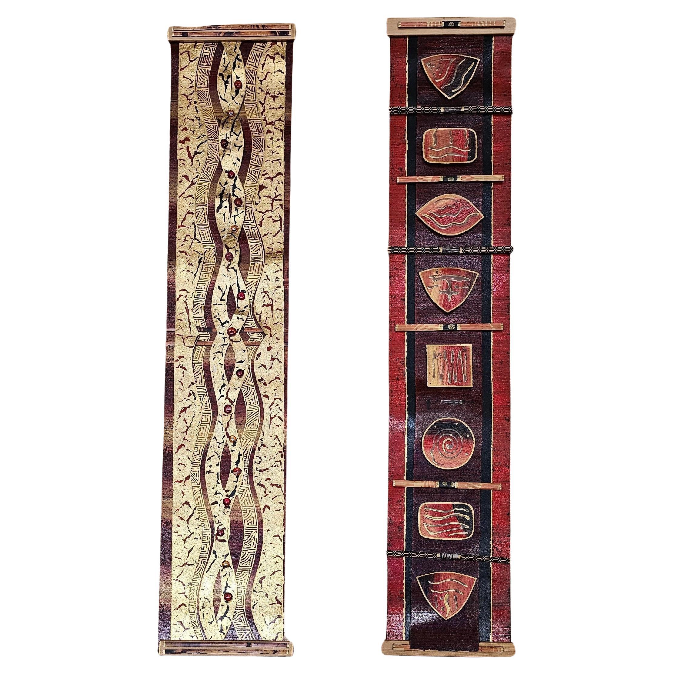 Pair of Contemporary Mixed Media 3D Wall Art in Red, Gold & Black For Sale