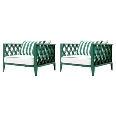 Pair of Contemporary Outdoor Armchair Green Aluminum with Acrylic Cushions