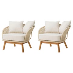 Pair of Contemporary Outdoor Armchair Trinity in Cream Rope, Teak and Olefin