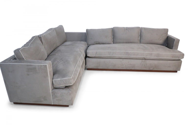 Pair of Contemporary Overstuffed Gray Ultrasuede and Leather Sofas For
