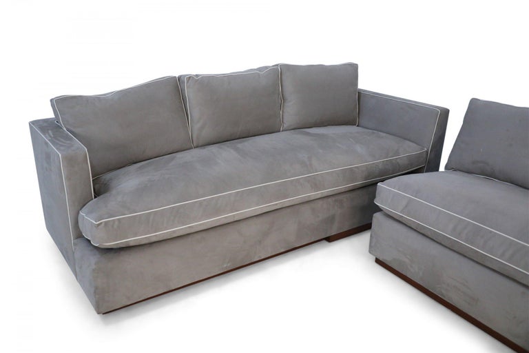 Pair of Contemporary Overstuffed Gray Ultrasuede and Leather Sofas For