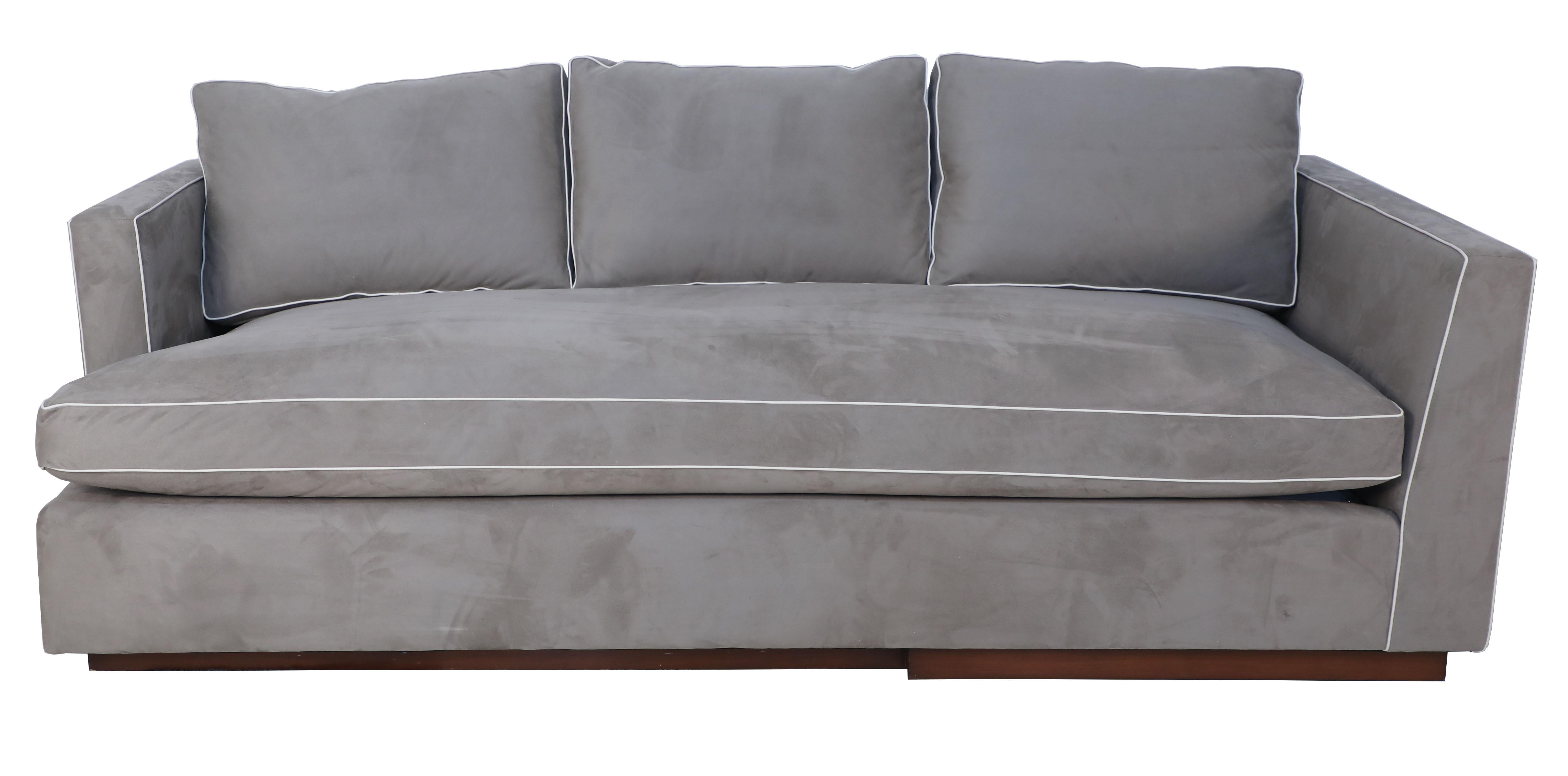 Pair of Contemporary Overstuffed Gray Ultrasuede and Leather Sofas In Good Condition In New York, NY