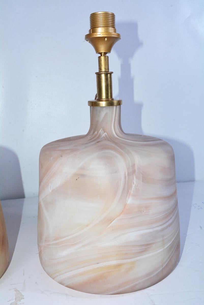 Modern Pair of Contemporary Pink Marbleized Glass Lamps with Mat Finish For Sale