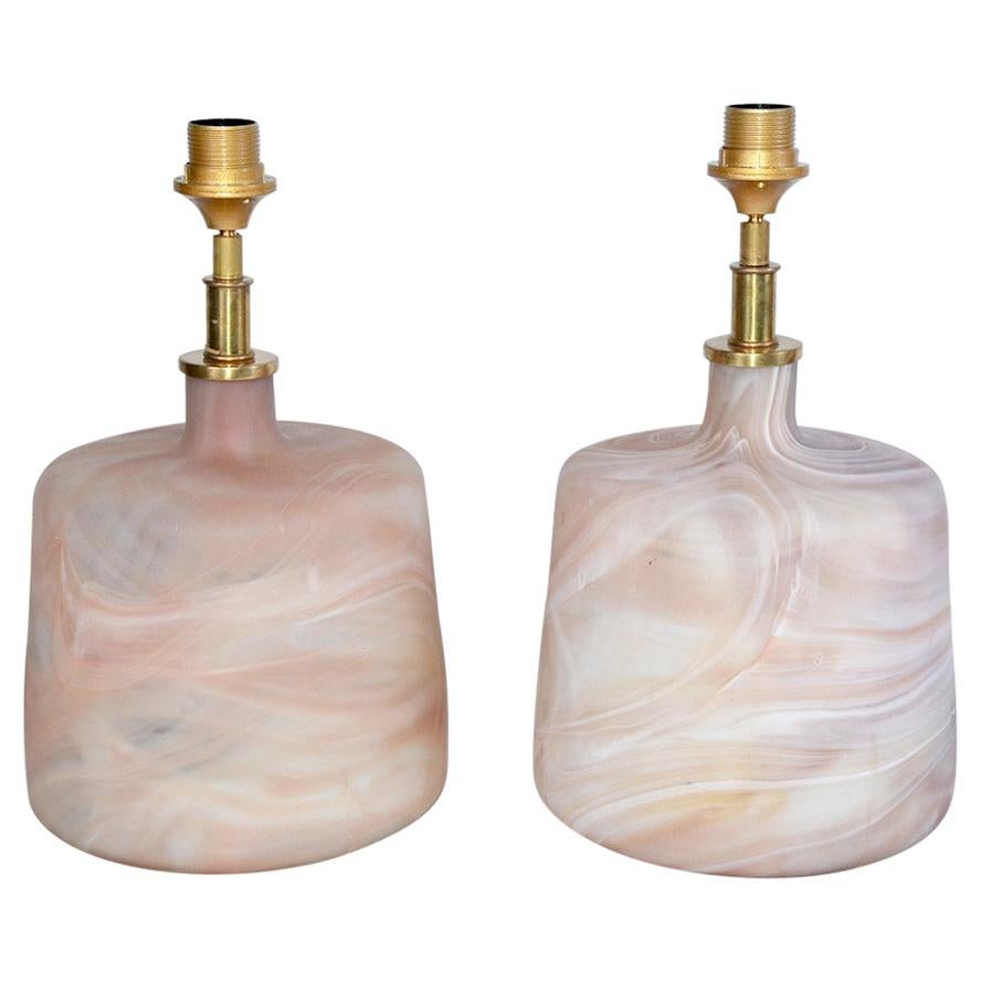 Pair of Contemporary Pink Marbleized Glass Lamps with Mat Finish