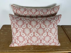 Contemporary Rococo Pillows in Printed Linen, Dusty Rose & Ivory, Pair